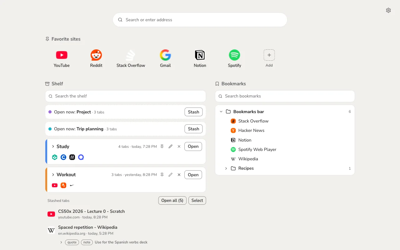 The new tab page with favorite sites, stashed groups and tabs, and bookmarks