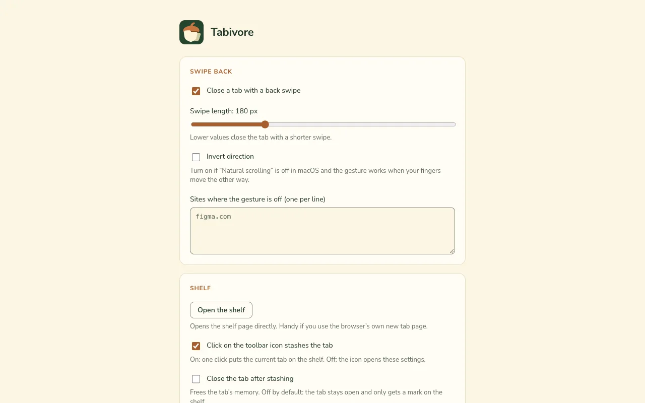 The settings page: swipe length, direction and a list of sites where the swipe is off